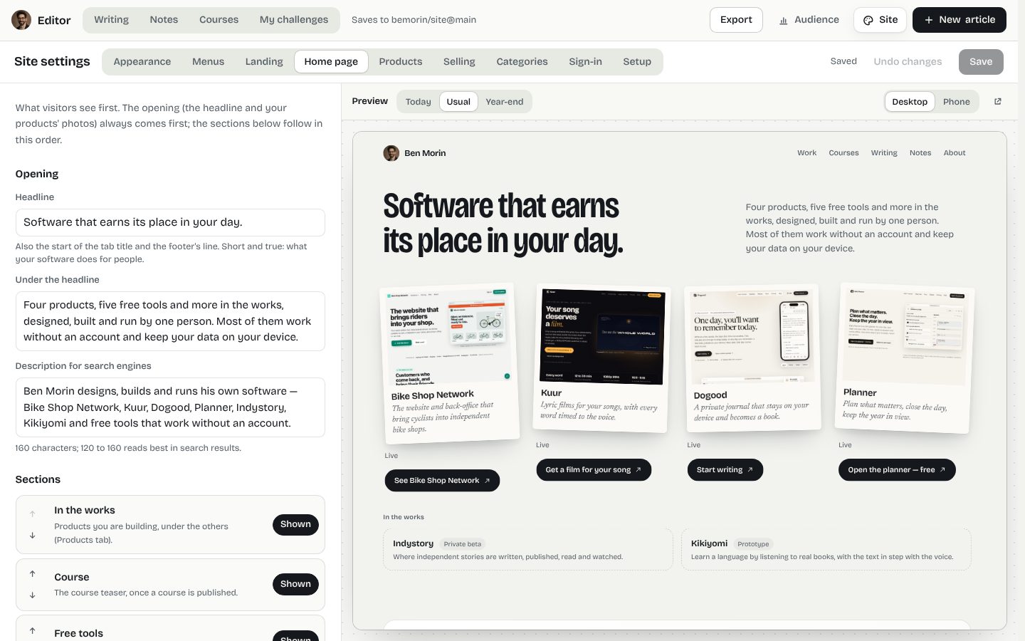 Site settings in the editor: the home page's words and sections, with the live preview of the site next to them