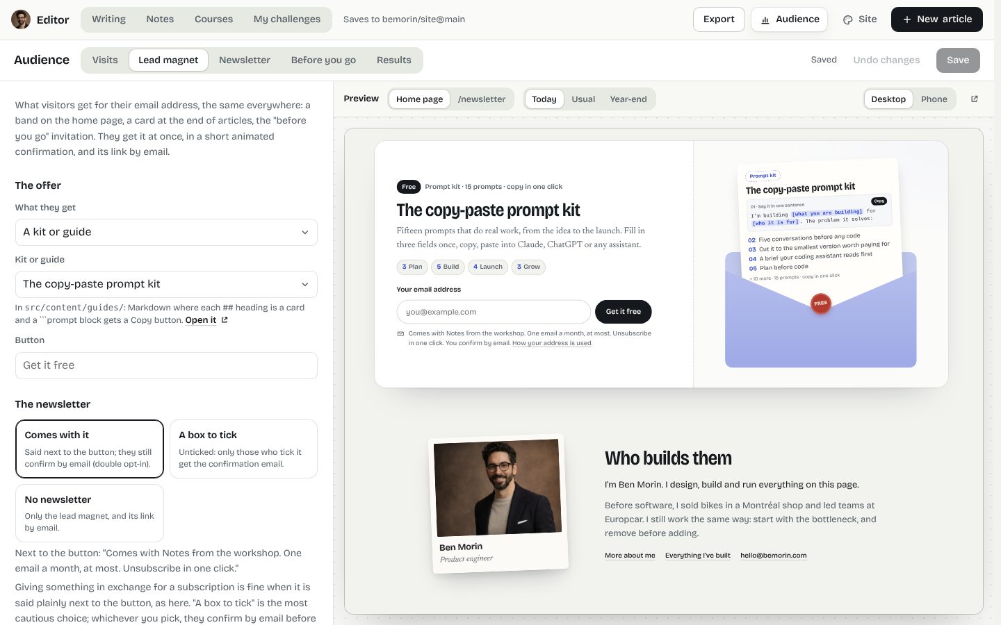 Audience in the editor: the lead magnet, with the live preview of the home page next to it
