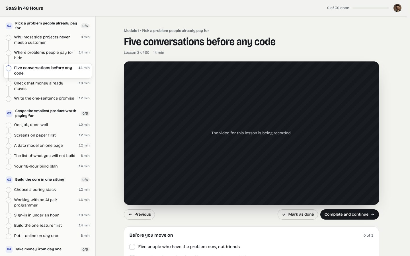 The lesson player with the course outline and a checklist