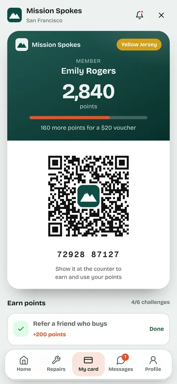 The customer app of a Bike Shop Network shop: the loyalty card, with points, a reward close by and a QR code.