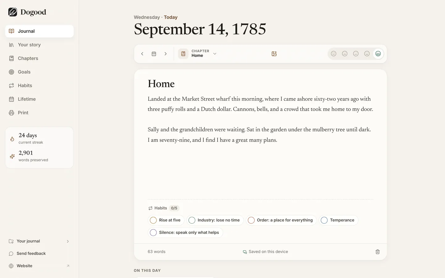 The Dogood journal app, in its demo journal: Benjamin Franklin’s page for 14 September 1785, with a title, a mood, a few paragraphs and his habits.