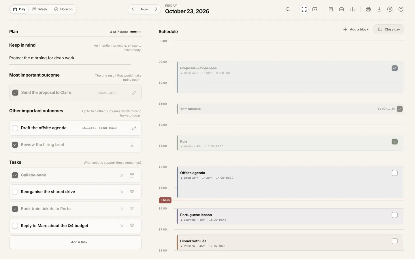 The Planner app: today’s outcomes, tasks and schedule.