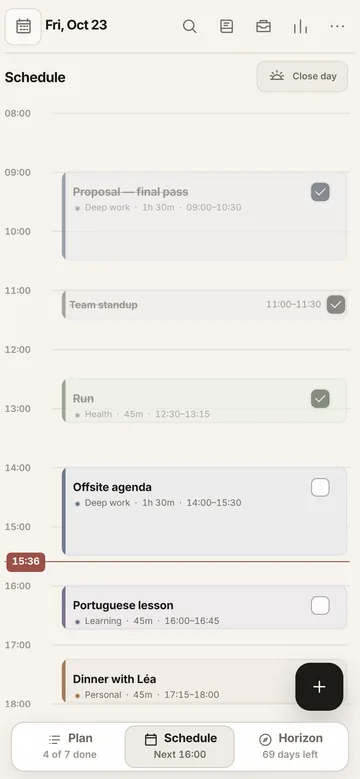 Planner on a phone: today’s schedule.